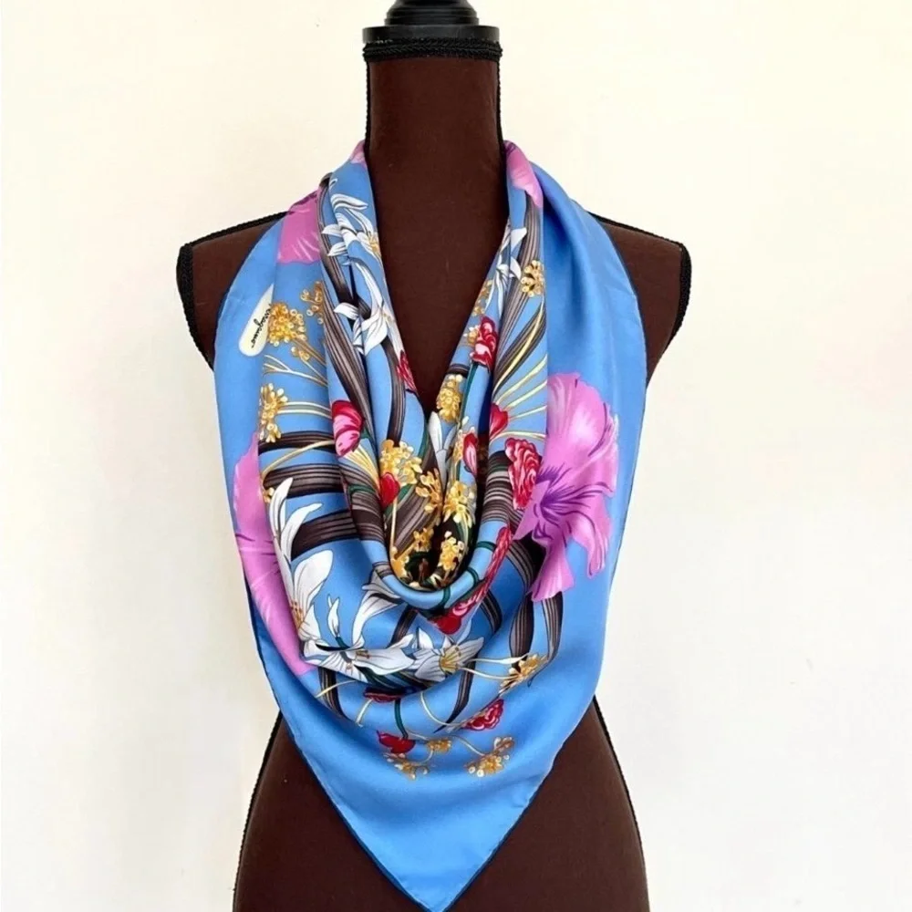 Salvatore Ferragamo Blue and Pink Floral Silk Scarf - Picture 2 of 15